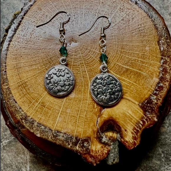 New Hibiscus Flower Charm & Marine Green Swarovski Crystal Bead Dangle Earrings - Picture 5 of 5